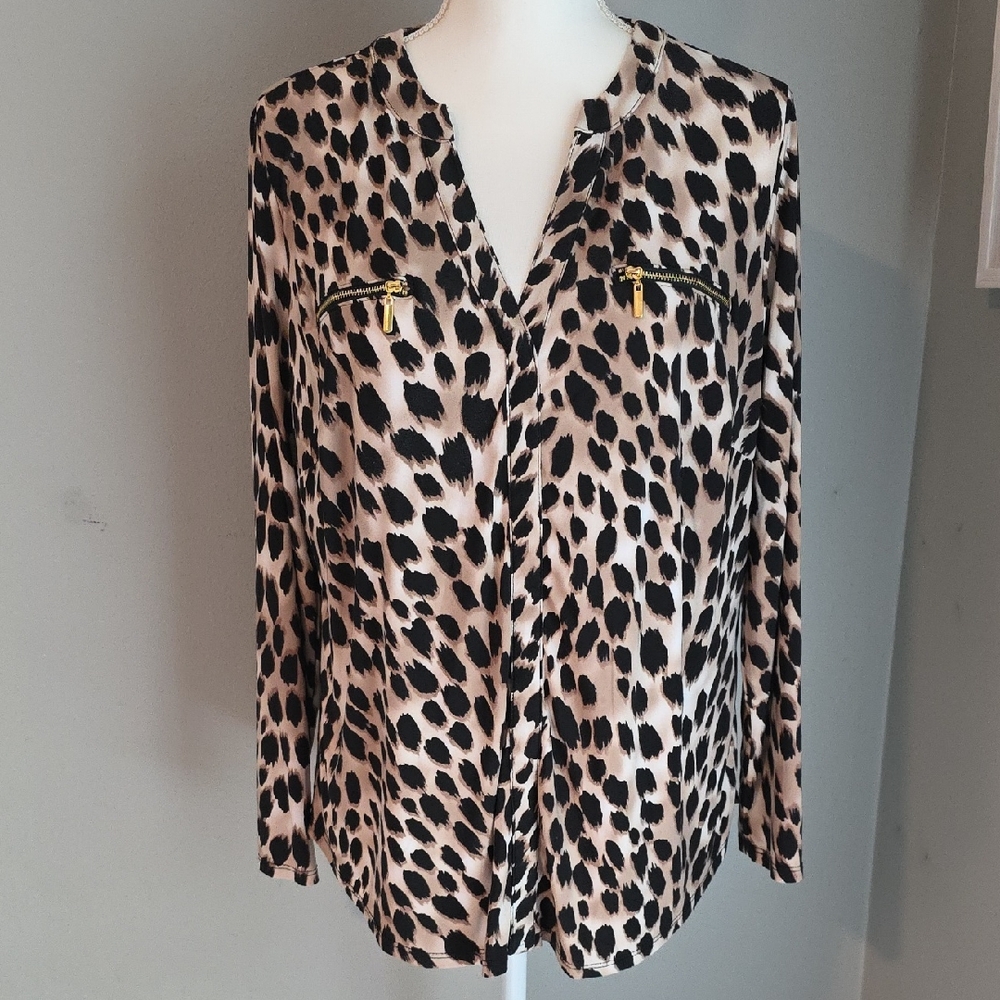 INC International Concepts Cream and Brown Long Sleeve Blouse Size 0X